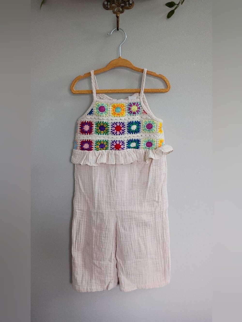 SHEIN Cream Muslin Jumpsuit with Multicolor Crochet Yoke